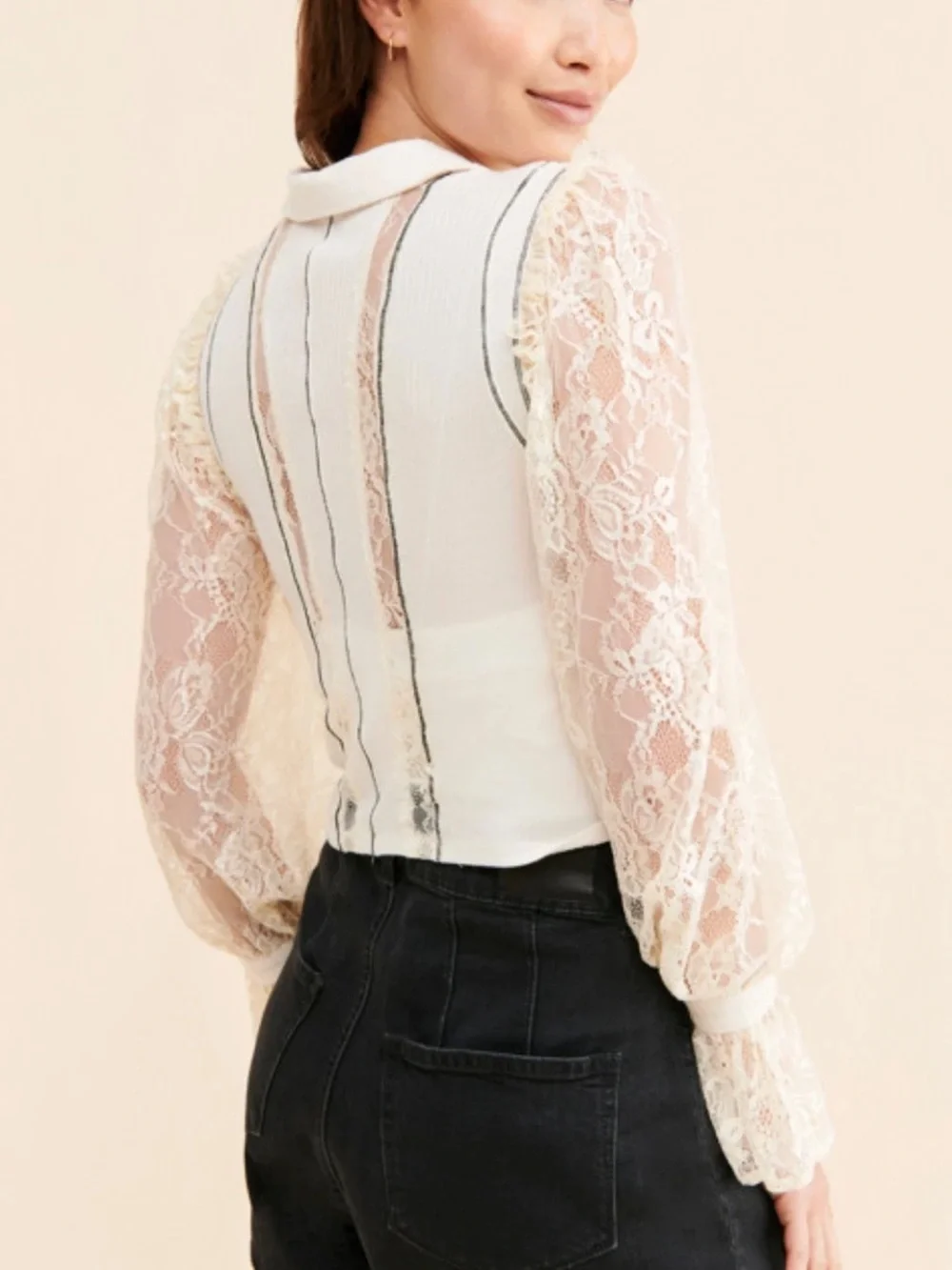 Free People Sheer Lace Button-Down Blouse in Cream